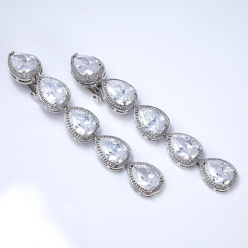 CZ Long Tassel Clip-On Teardrop Earrings, Crystal Bridal Earrings, Statement Earrings